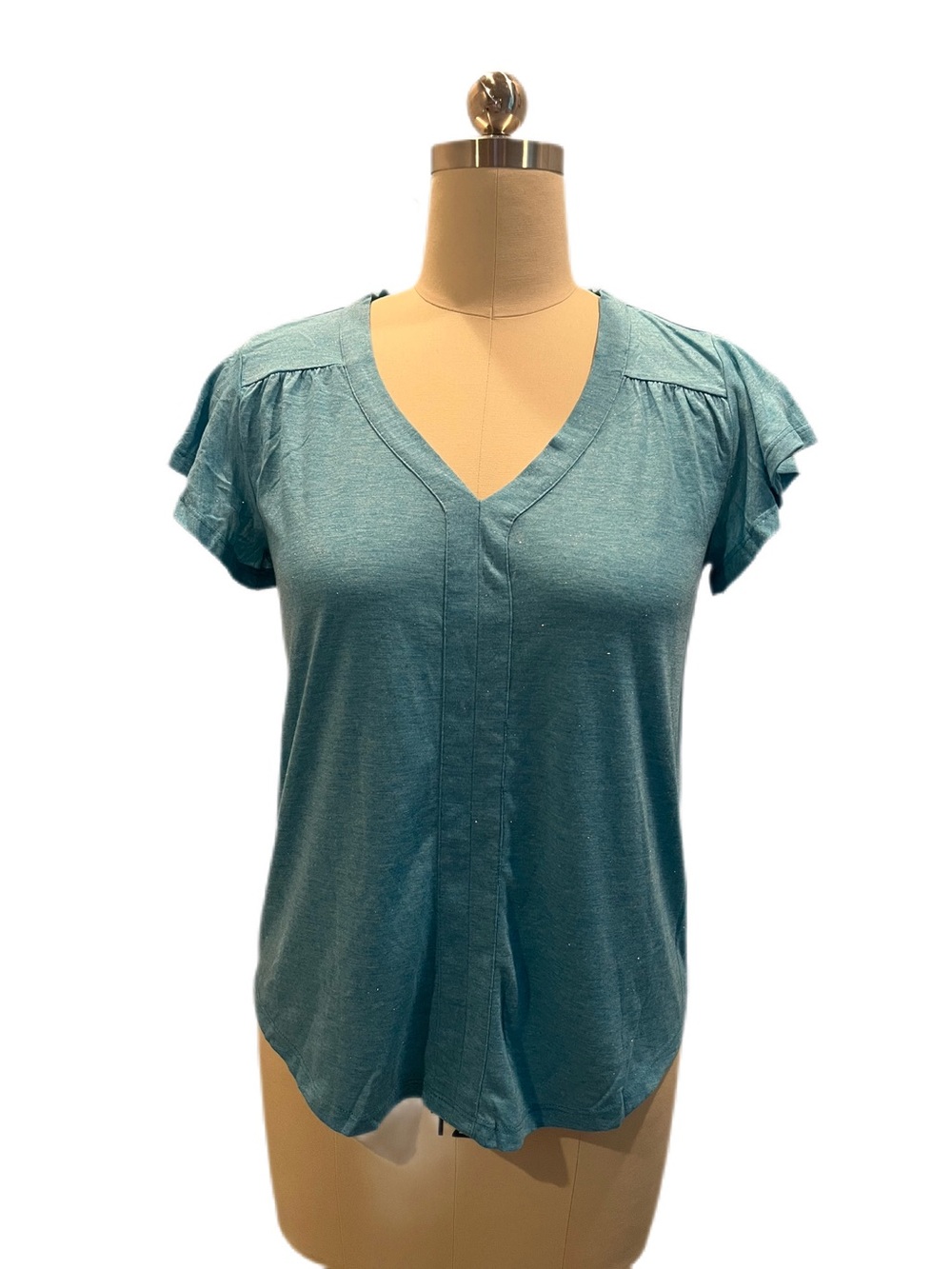 Tribal Reef Blue V-Neck Short Sleeve Tee with Silver Shimmer - NWT